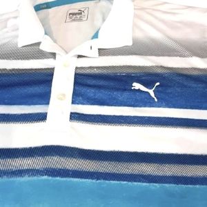 PUMA Men's White/Blue Washed Stripe Polo Golf Shirt size Medium